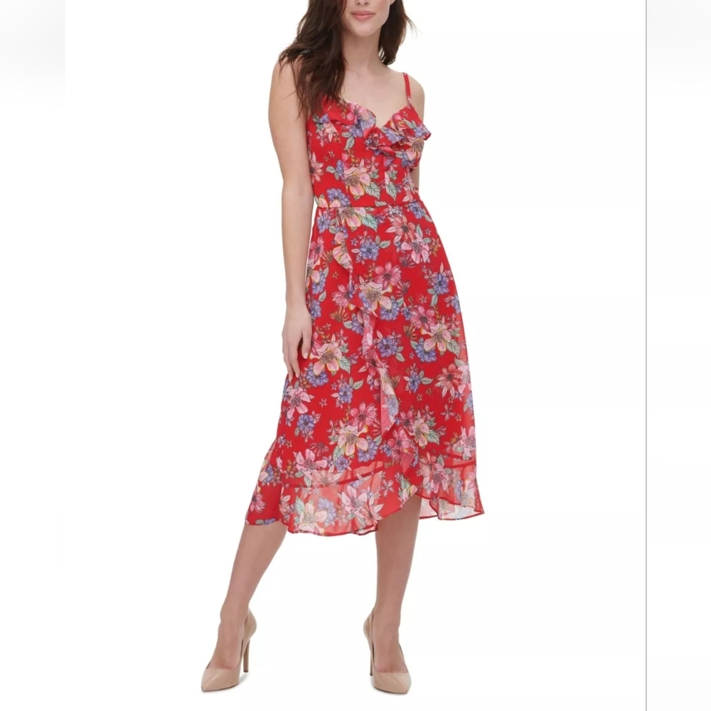 KENSIE Womens Red Floral Spaghetti Strap Ruffle Midi Dress Sz 6 NEW